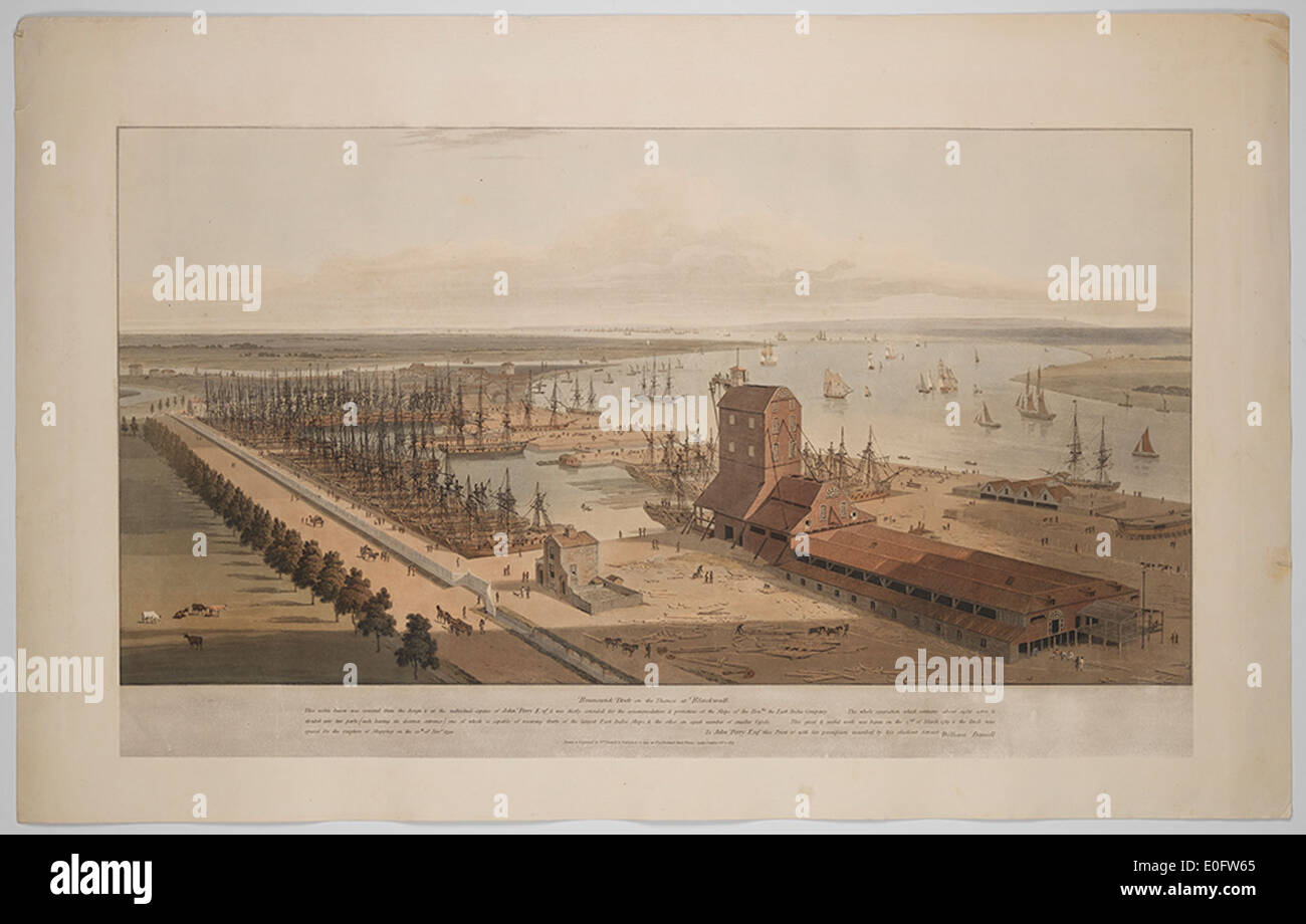 Ein Blick auf das Brunswick Dock an der Themse bei Blackwall, das die geschäftige Schiffsindustrie und die Bedeutung des Seehandels zeigt. Der Einfluss der East India Company auf das Gebiet zeigt sich in der Präsenz von Segelschiffen und der kommerziellen Tätigkeit des Docks. Stockfoto