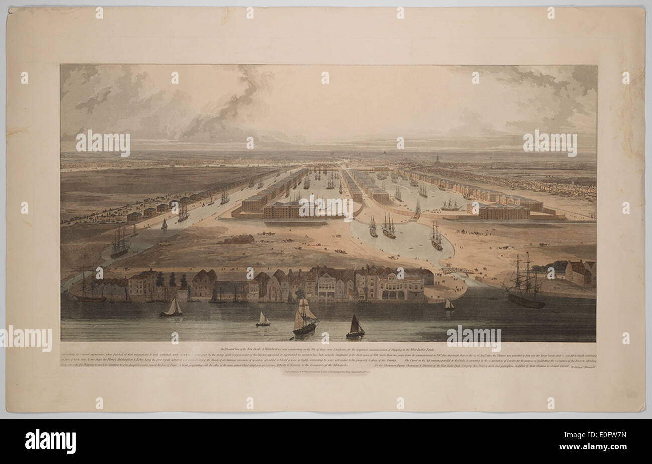 Ein Blick auf den laufenden Bau neuer Docks und Lagerhäuser auf der Isle of Dogs, die für die Schifffahrt für den Westindischen Handel ausgelegt sind. Das Projekt hebt die Bedeutung des Handels und des Seehandels hervor. Stockfoto