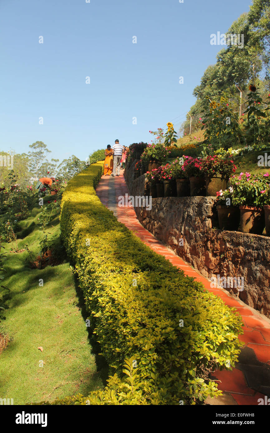 Malerischer Gartenweg umgeben von üppigem Grün, farbenfrohen Blumen und einer wunderschön gepflegten Landschaft unter einem hellblauen Himmel. Stockfoto