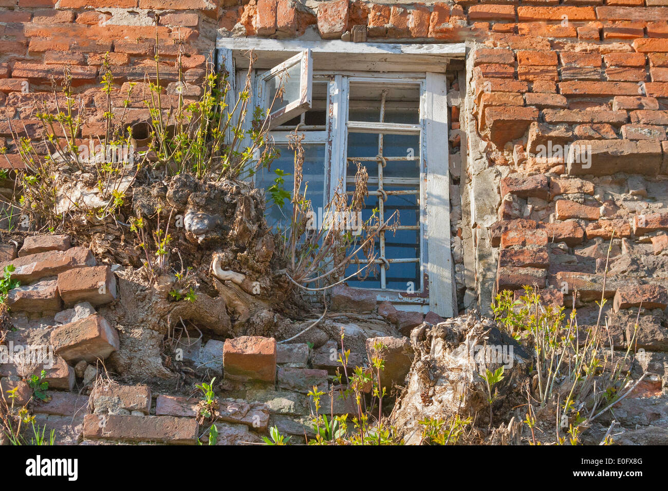 Fenster mit Gitter der alten Gebäude in der Vikor, Ukraine Stockfoto