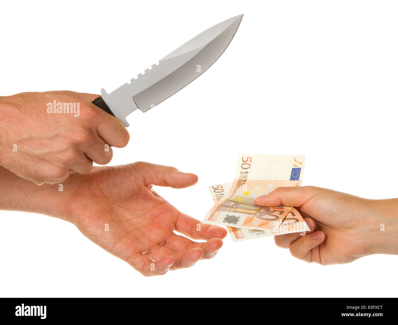 Mann mit Messer bedroht eine Frau um Geld geben Stockfoto