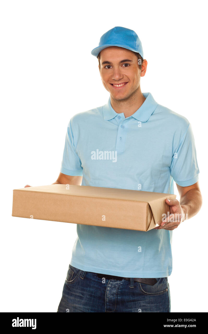 Ein Bote der Messenger-Dienst liefert Paket zu buchen, Ein Bote von Botendienst Liefert Post Paket Stockfoto