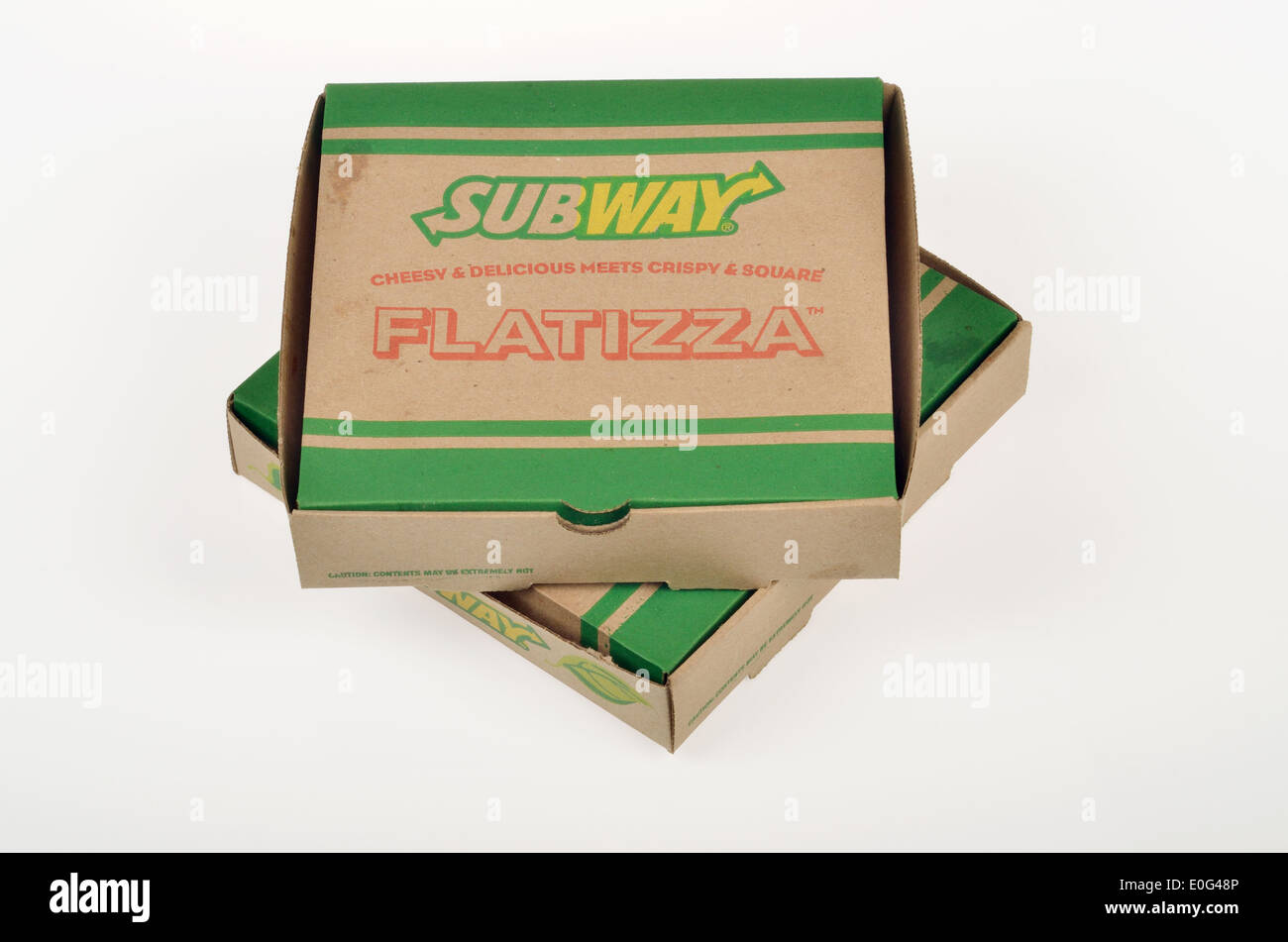 2 u-Bahn nehmen Flatizza Pizzakartons auf weißen Backgroound, Ausschnitt USA. Stockfoto