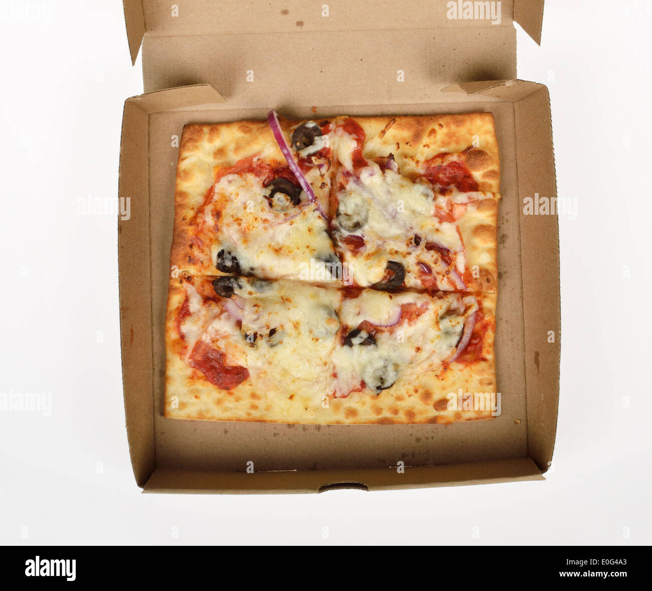 U-Bahn Fast-Food Flatizza Käse quadratische Pizza in Box-Verpackung auf weißem Hintergrund, USA. Stockfoto
