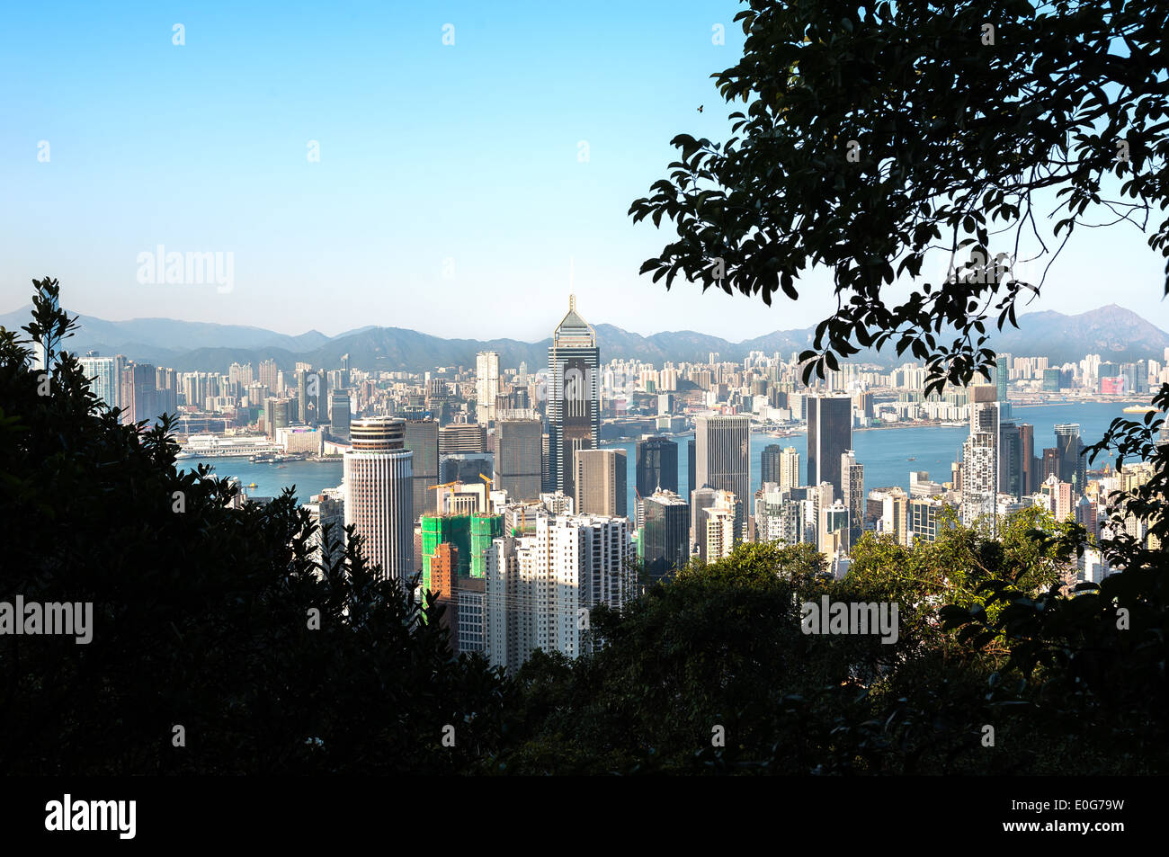 Erhöhten Blick auf Central Plaza Wolkenkratzer und die Gebäude von Wan Chai, Hong Kong Stockfoto