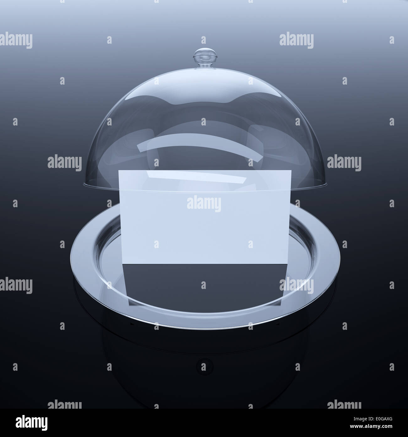 3D Render des geöffneten Glas Cloche mit Papier-Vorlage auf dunklem Hintergrund Stockfoto