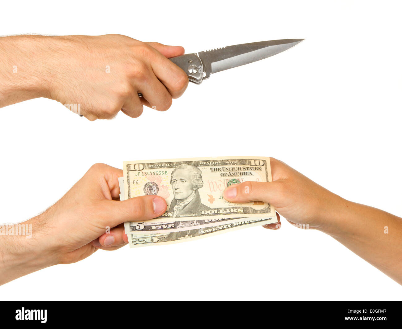 Mann mit Messer bedroht eine Frau um Geld geben Stockfoto