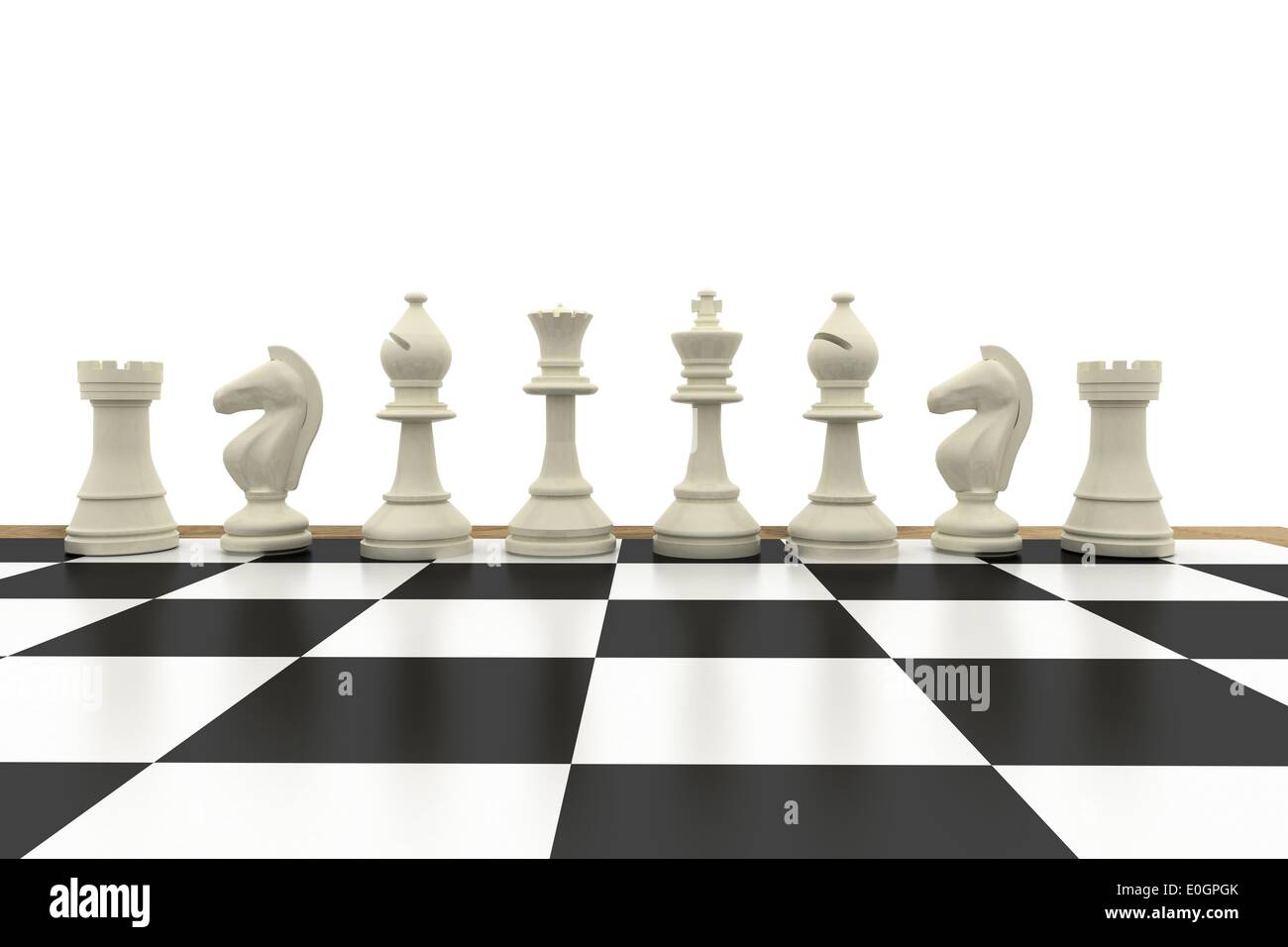 Weiße Schachfiguren an Bord Stockfoto