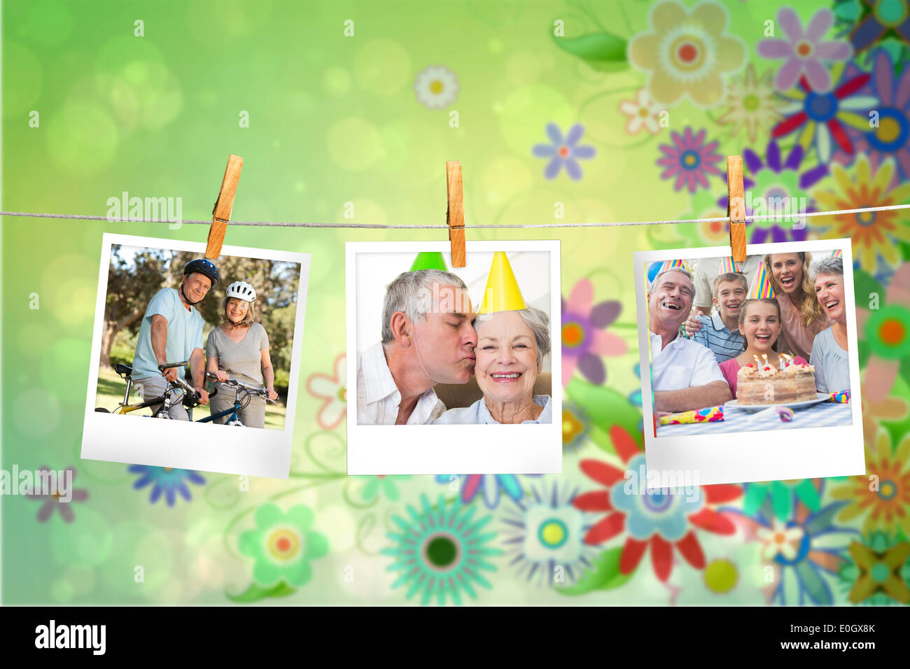 Zusammengesetztes Bild der Sofortbilder hängen in einer Zeile Stockfoto