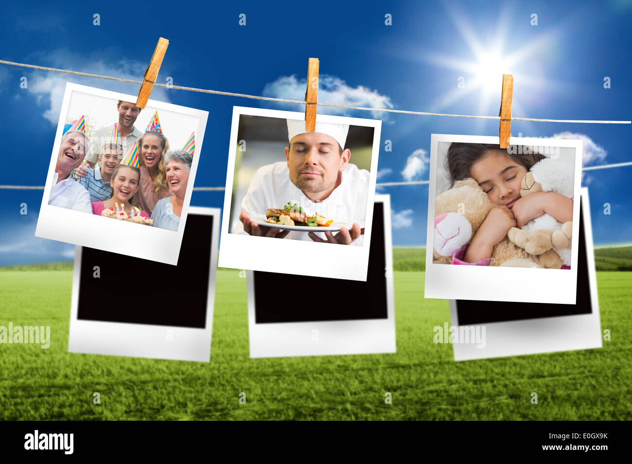 Zusammengesetztes Bild der Sofortbilder hängen in einer Zeile Stockfoto