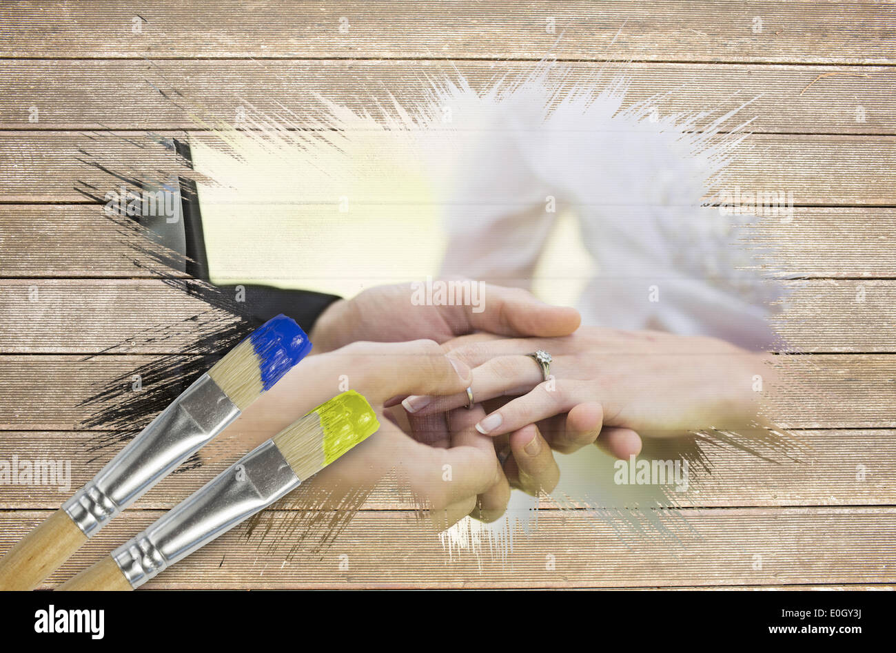 Zusammengesetztes Bild des Bräutigams Bräute Finger Ring Inverkehrbringen Stockfoto