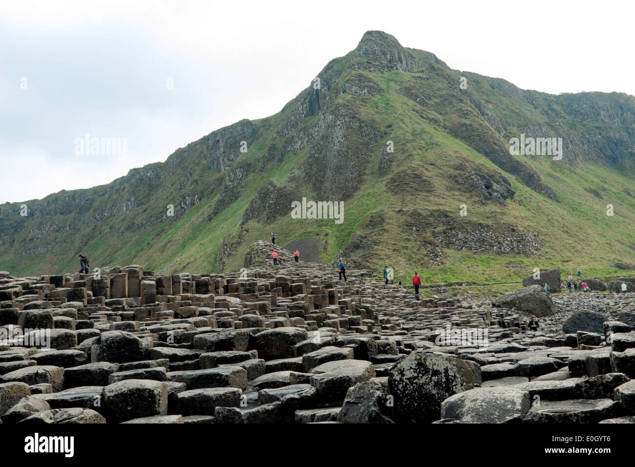 Touristen erkunden den Giant's Causeway, County Antrim, Nordirland, Vereinigtes Königreich, einem berühmten UNESCO-Weltkulturerbe. Stockfoto