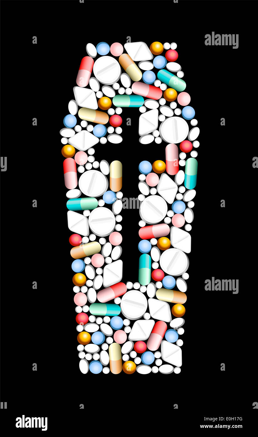 Tabletten, Pillen und Kapseln, prägen, einen Sarg - eine Metapher für den Tod von medizinischen Missbrauch oder Überdosierung. Stockfoto