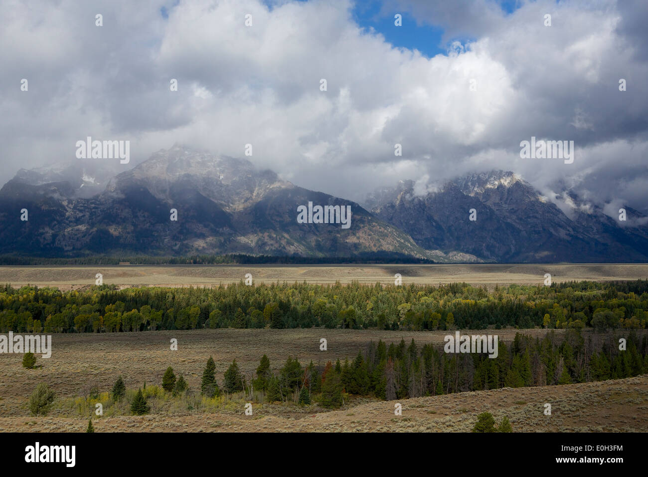 Blick über die Baseline Wohnungen gegenüber der Grand Teton Strecke der Berge im Grand Teton National Park Stockfoto