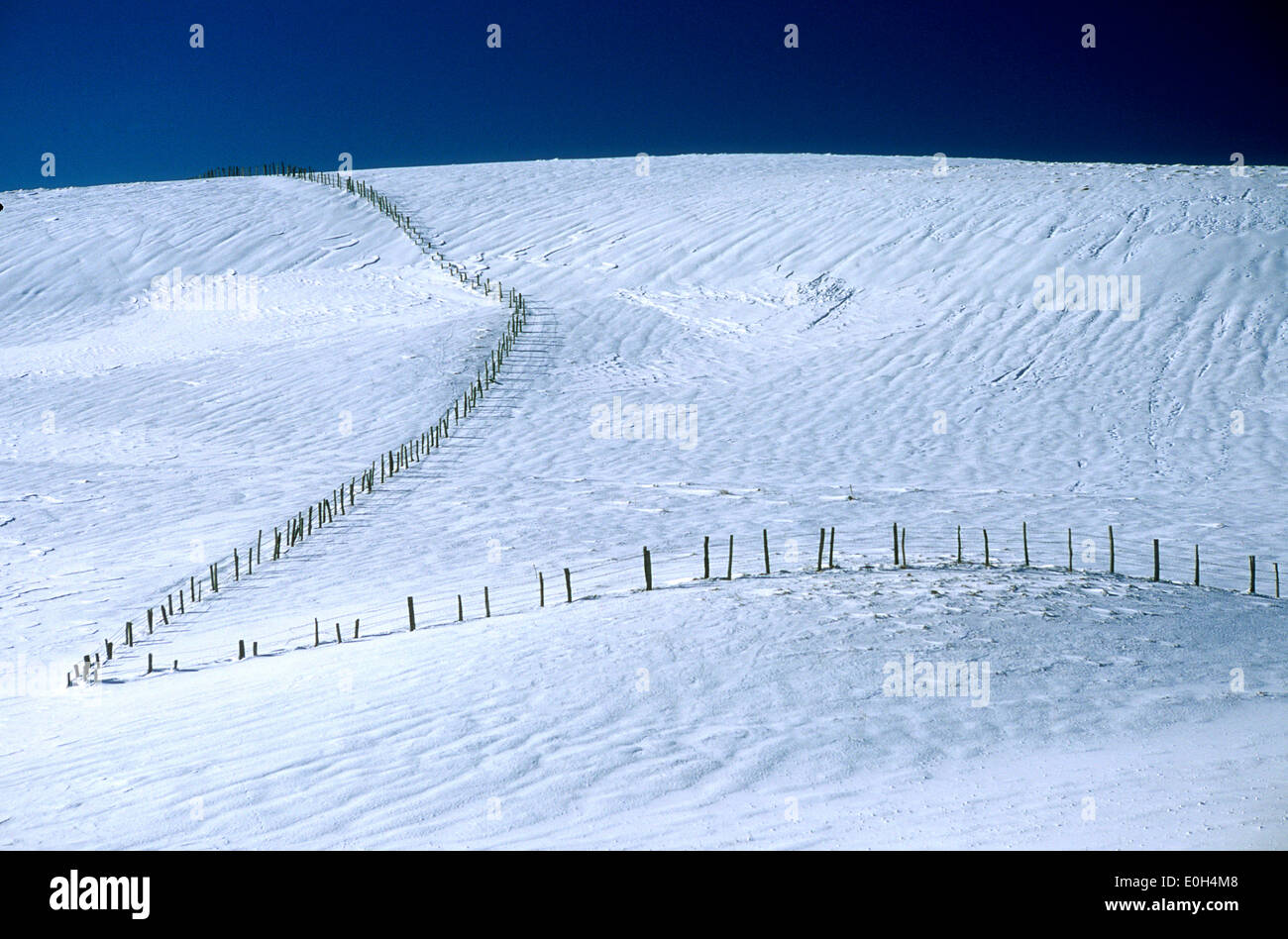 Hügel mit Schnee im Winter und Zäunen - Winter landschaft schnee Szene Stockfoto