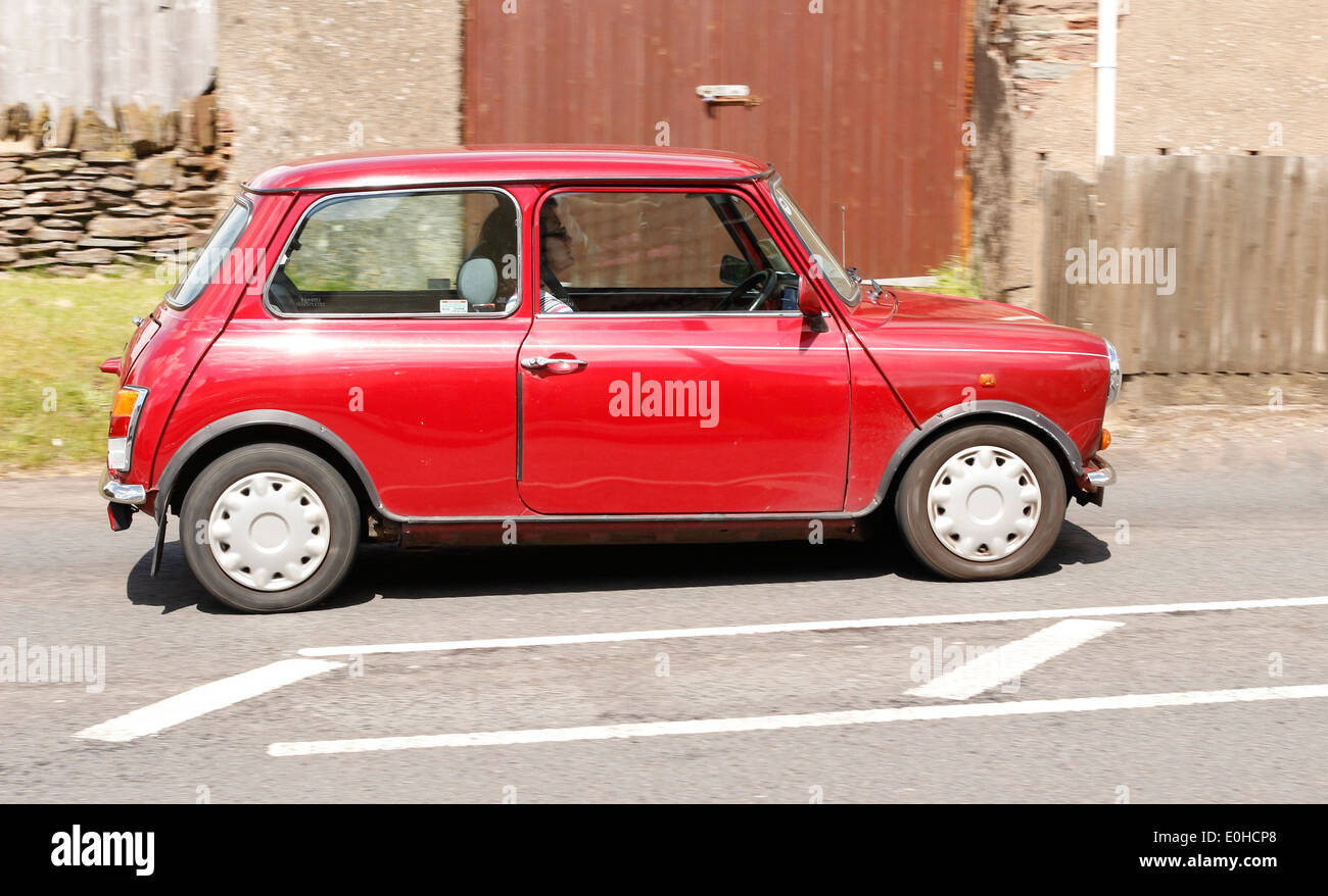 Reife Dame fahren einen echte roten Mini an einem sonnigen Tag in South Gloucestershire, 13. Mai 2014 Stockfoto