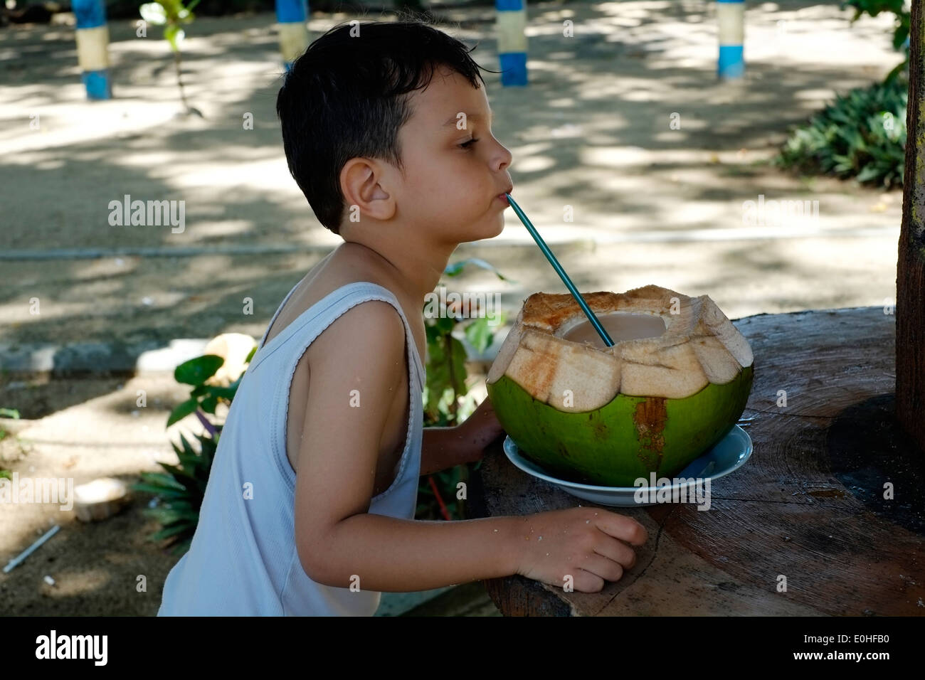 kleiner Junge trinkt aus frischen Kokosnuss am Strand und Meer bei Balekambang Ost-Java-Indonesien Stockfoto