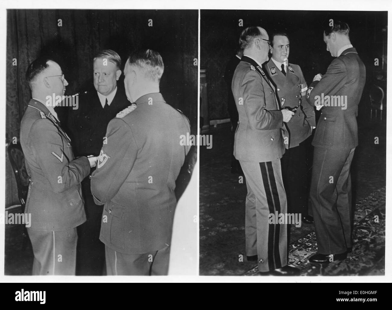 Ein Foto, das eine politische Versammlung während der Nazi-Zeit in Berlin mit Heinrich Himmler und Vidkun Quisling zeigt. Die Veranstaltung spiegelt die NS-Propaganda und die politische Atmosphäre im besetzten Europa während des Zweiten Weltkriegs wider Stockfoto