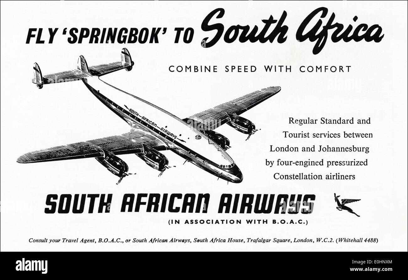 Anzeige der 1950er Jahre für SOUTH AFRICAN AIRWAYS im britischen Magazin vom März 1955 Stockfoto