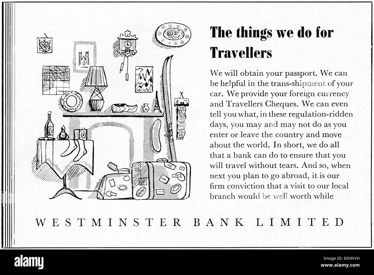 1950er Jahren Anzeige für WESTMINSTER BANK Reiseschecks im britischen Magazin vom März 1955 Stockfoto