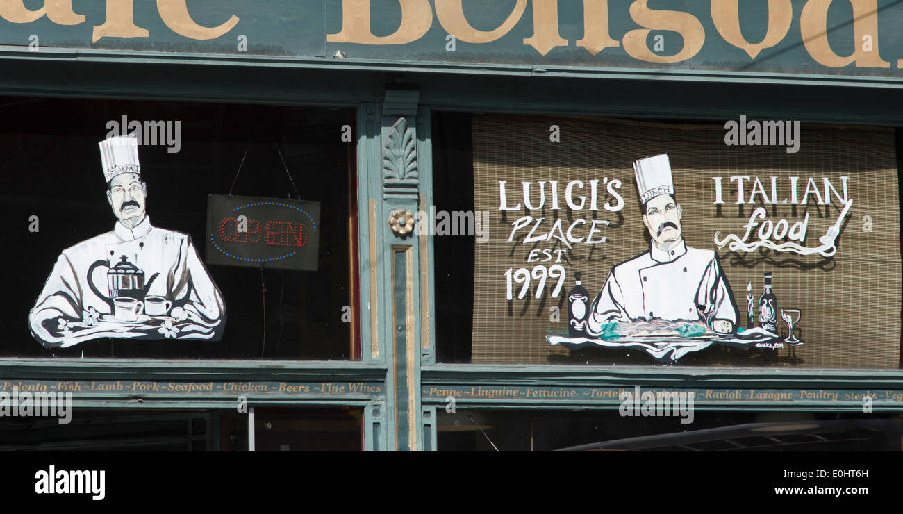Kommerziellen Zeichen auf Glas von einem Restaurant, Luigi Ort, Seattle, Washington State, USA Stockfoto