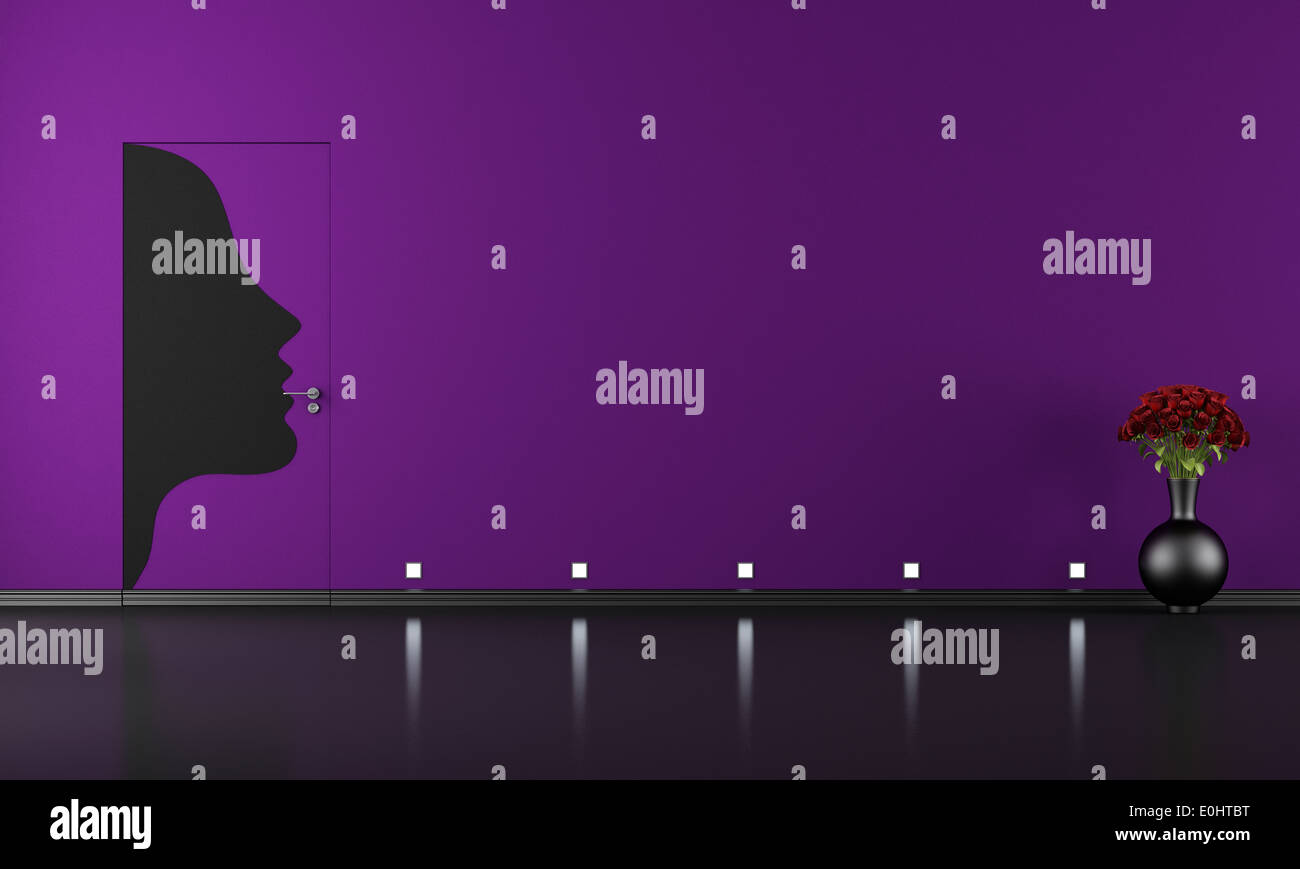 Leeren Sie lila Zimmer mit Gesicht der Frau gemalt auf geschlossene Tür - Rendering Stockfoto