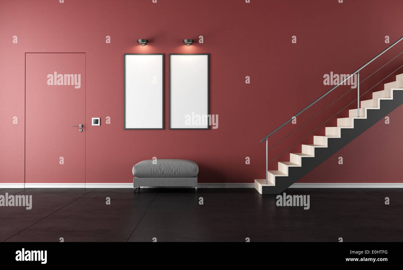 Schwarze und rote Wohnzimmer mit Treppe und Tür - Rendering Stockfoto