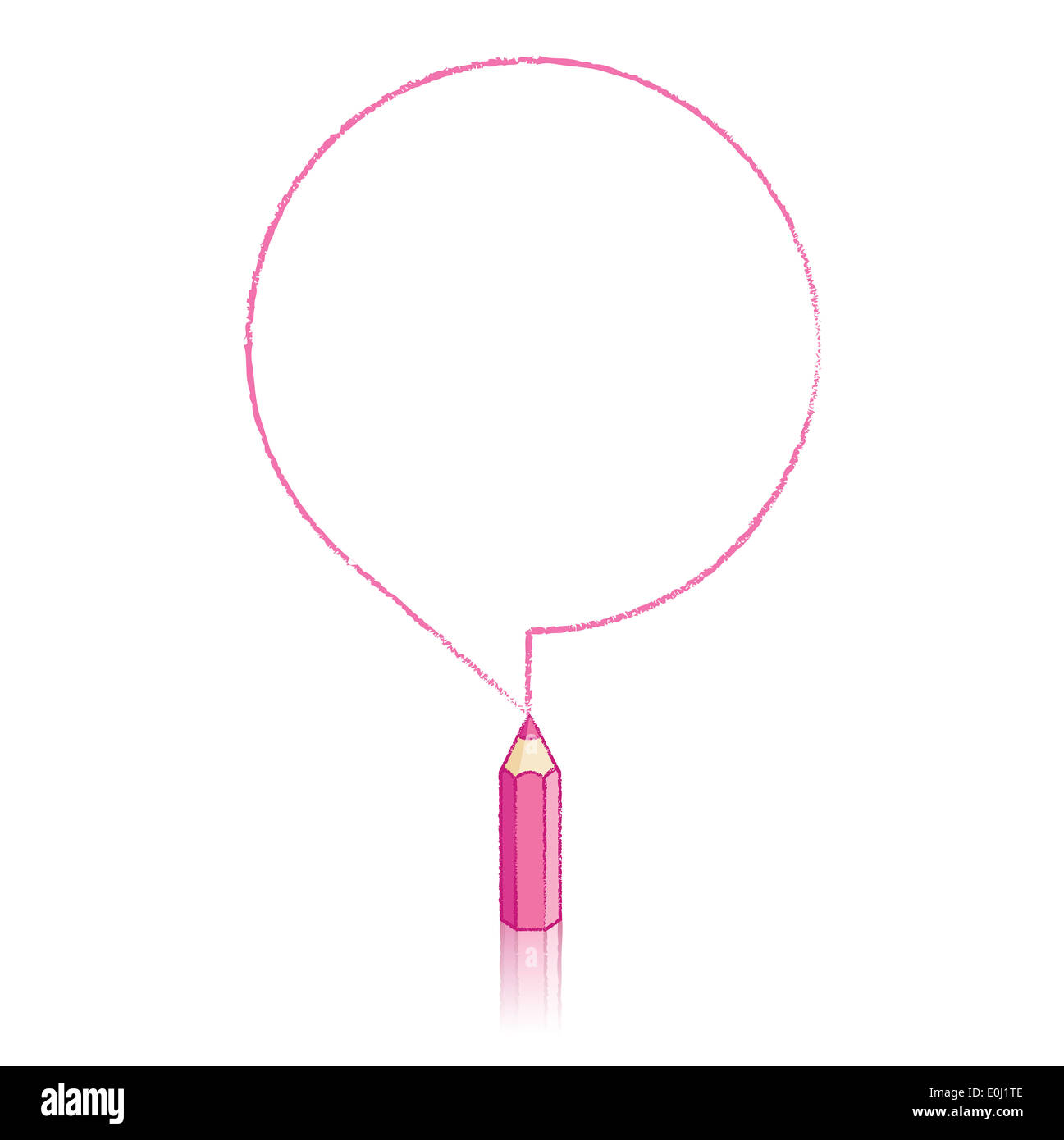 Rosa Bleistift mit Reflexion Zeichnung Runde Sprechblase auf weißem Hintergrund Stockfoto