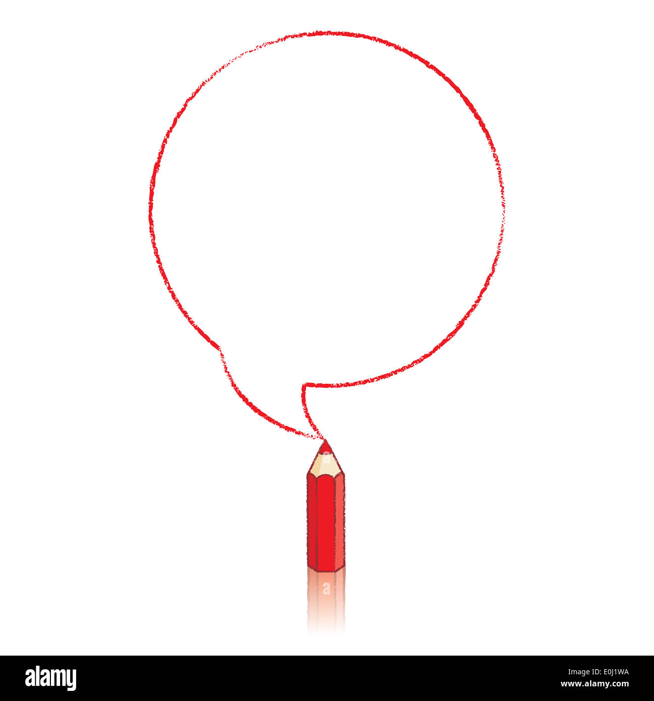 Roter Buntstift mit Reflexion Zeichnung Runde Sprechblase auf weißem Hintergrund Stockfoto