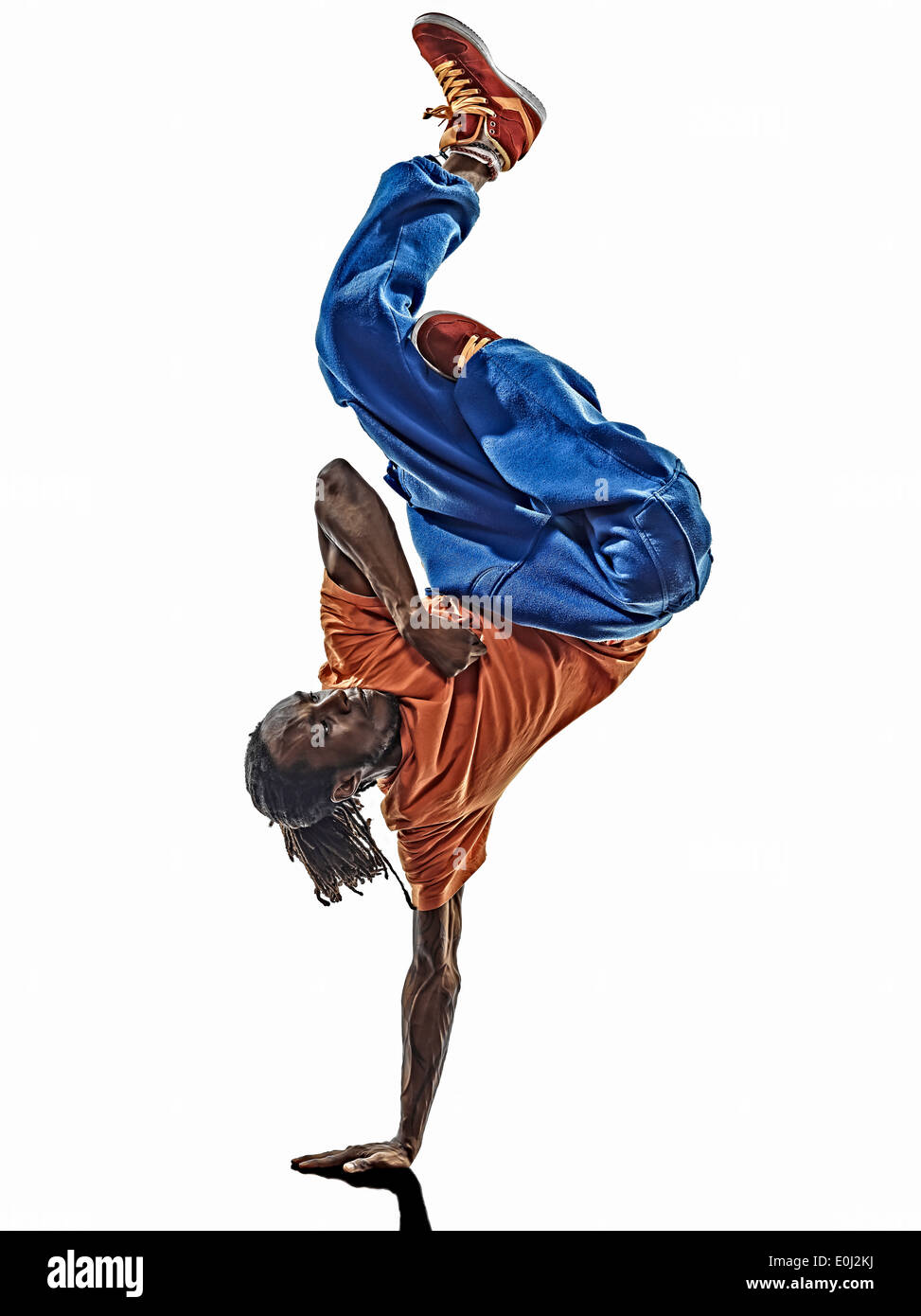 ein hip Hop akrobatische Pause Tänzer Breakdance Jüngling Handstand Silhouette weißen Hintergrund Stockfoto