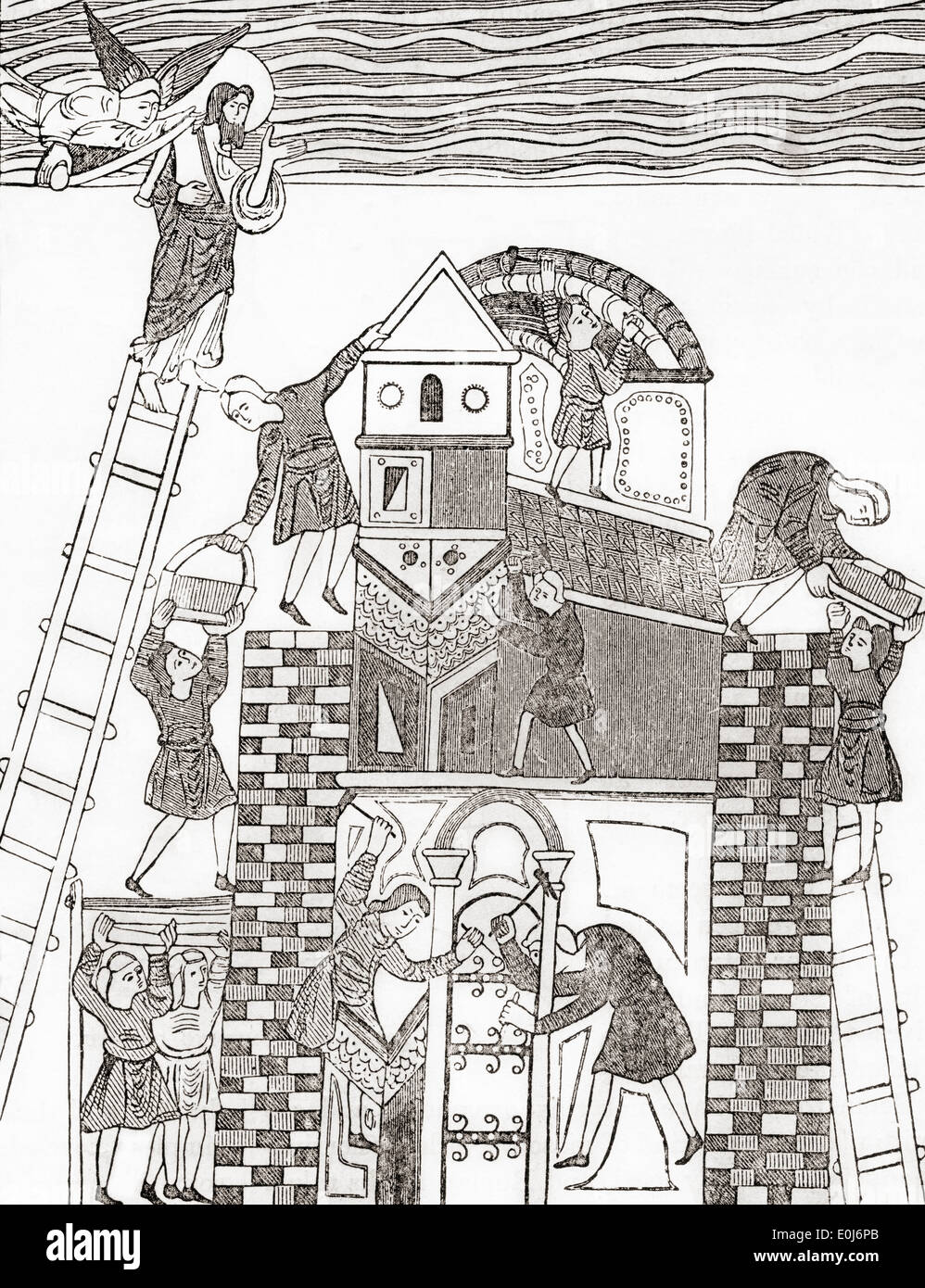 Gebäude der Turm zu Babel, nach einem sächsischen Manuskript. Stockfoto
