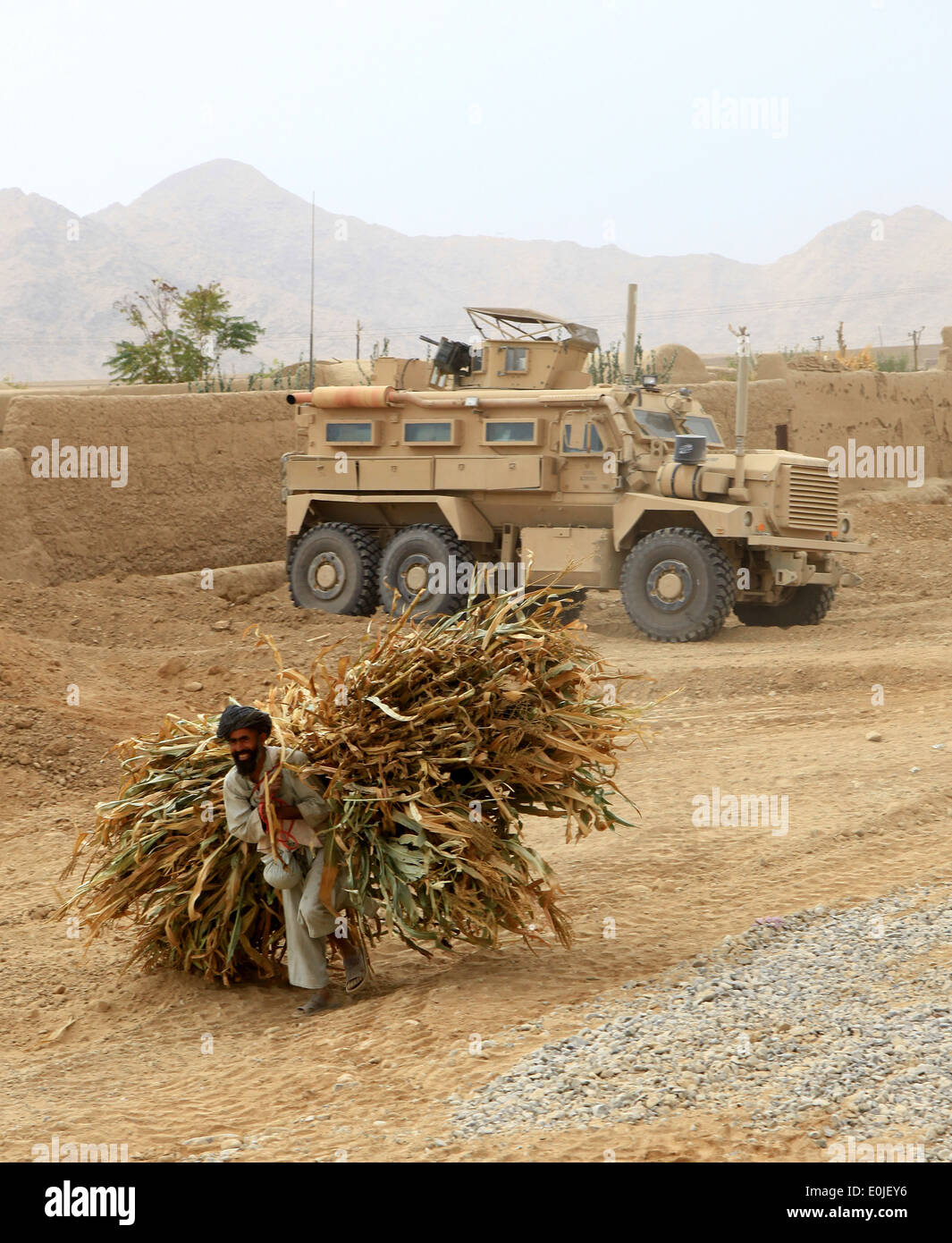 Ein lokaler Landwirt trägt Mais ernten vorbei taktische Fahrzeuge mit 7. Engineer Support Battalion, 2. Marine Logistics Group (Forwa Stockfoto