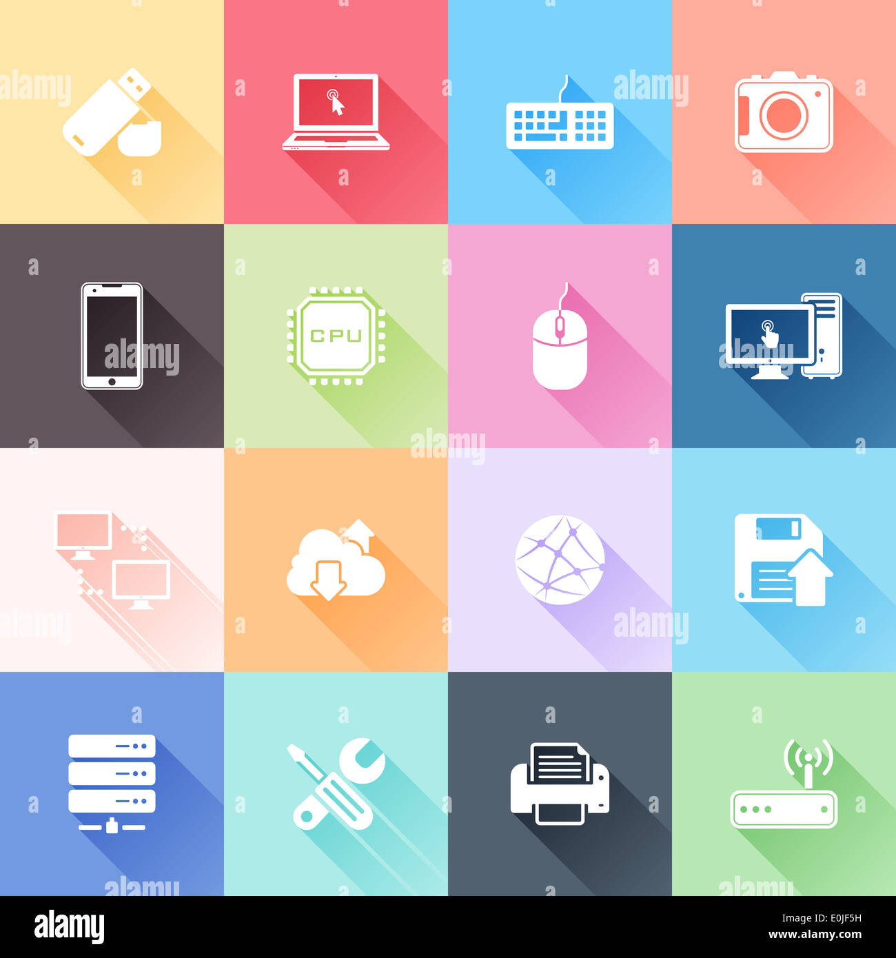 Vektor-set 16 flache Technologie Icons mit langen Schatten Stockfoto