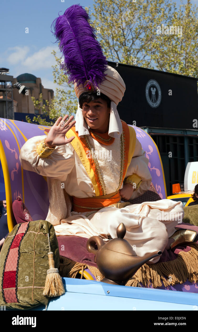 Nahaufnahme von Aladdin, Teilnahme an der Stars ' n ' Cars, Parade, Walt Disney Studios Paris. Stockfoto