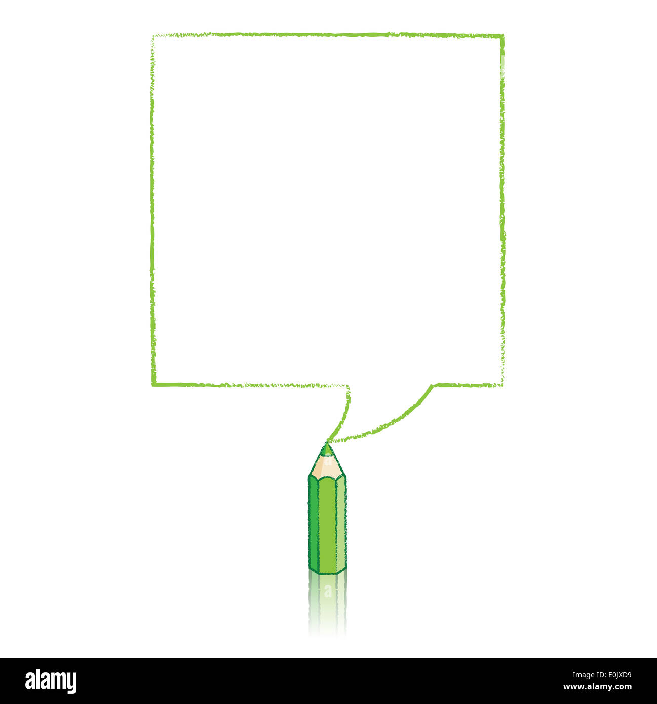 Grünen Bleistift mit Sprechblase Reflexion Zeichnung Quadrat auf weißem Hintergrund Stockfoto