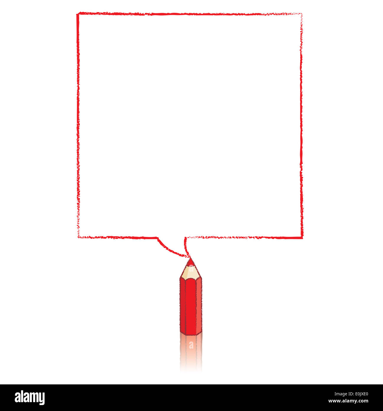 Roter Buntstift mit Sprechblase Reflexion Zeichnung Quadrat auf weißem Hintergrund Stockfoto