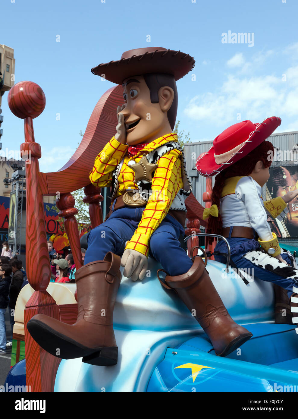 Nahaufnahme von Woody von Toy Story, Teilnahme an der Stars ' n ' Cars, Parade, Walt Disney Studios Paris. Stockfoto