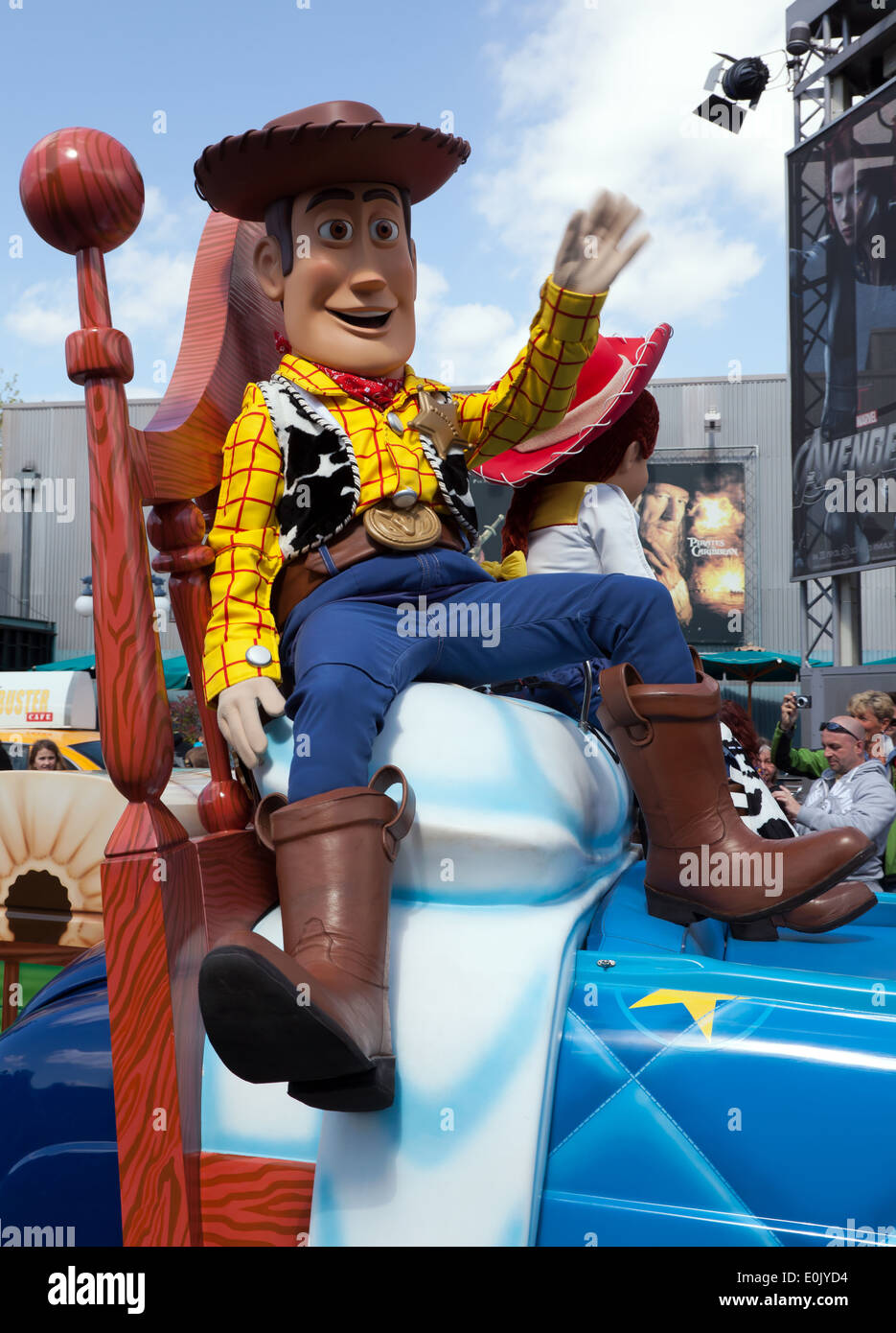 Nahaufnahme von Woody von Toy Story, Teilnahme an der Stars ' n ' Cars, Parade, Walt Disney Studios Paris. Stockfoto