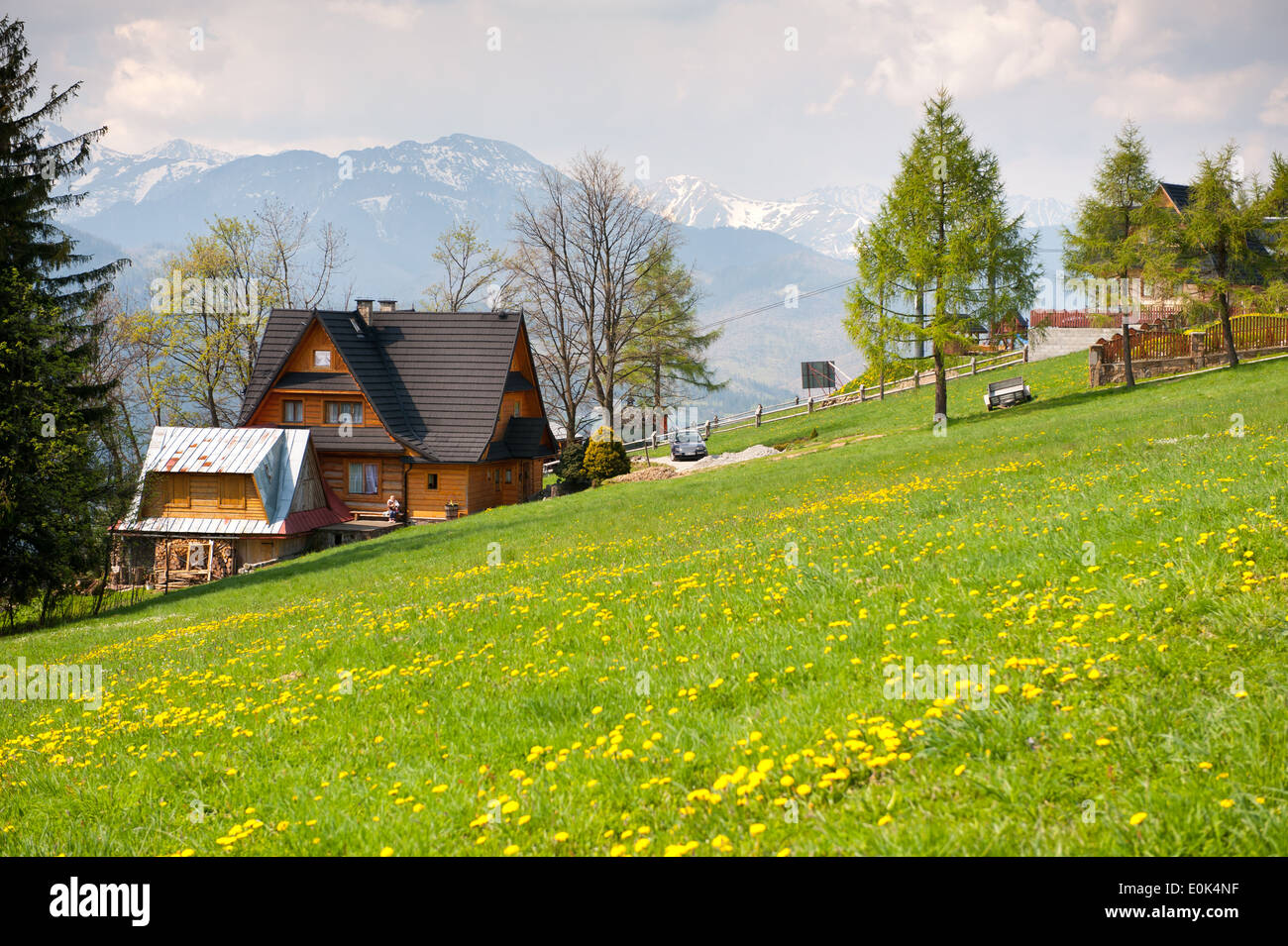 Bukolische Frühlingswiese und Holzhaus in Gubalowka Landschaft beliebte Attraktion mit Blick auf Tatra-Gebirge in Zakopane Stockfoto