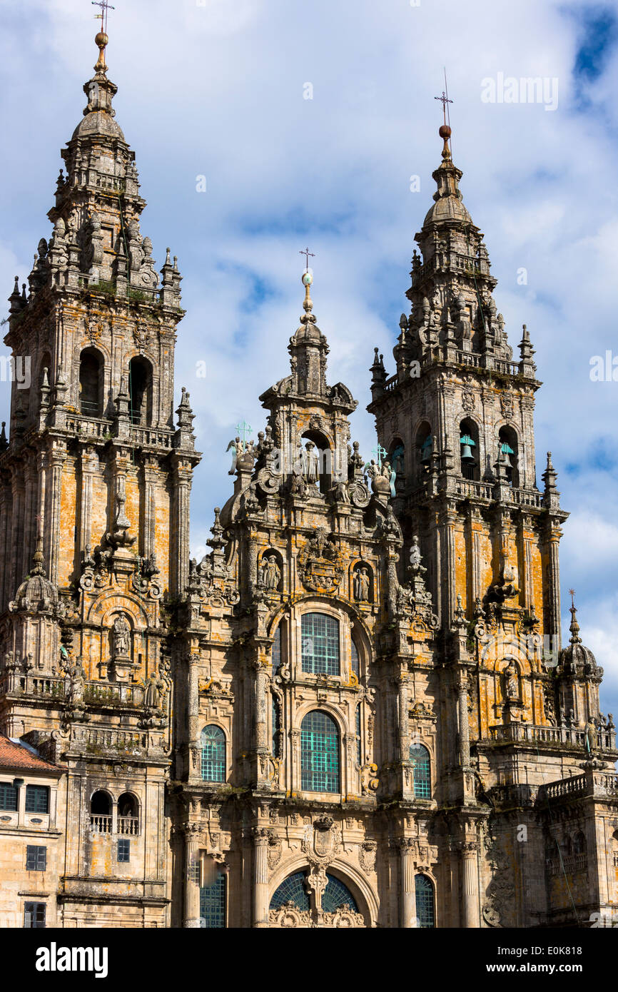 Fassade Obradoiro Barockstil 11. Jahrhundert römisch-katholische Kathedrale Catedral de Santiago de Compostela, Galicien, Spanien Stockfoto