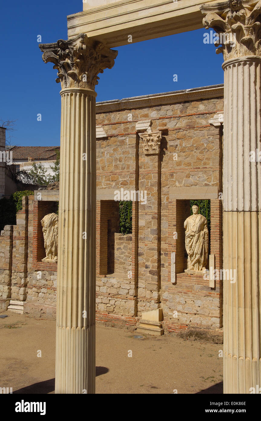 Merida, Veranda Forum, Forum Romanum von Emerita Augusta, Provinz Badajoz, Extremadura, Spanien. Stockfoto