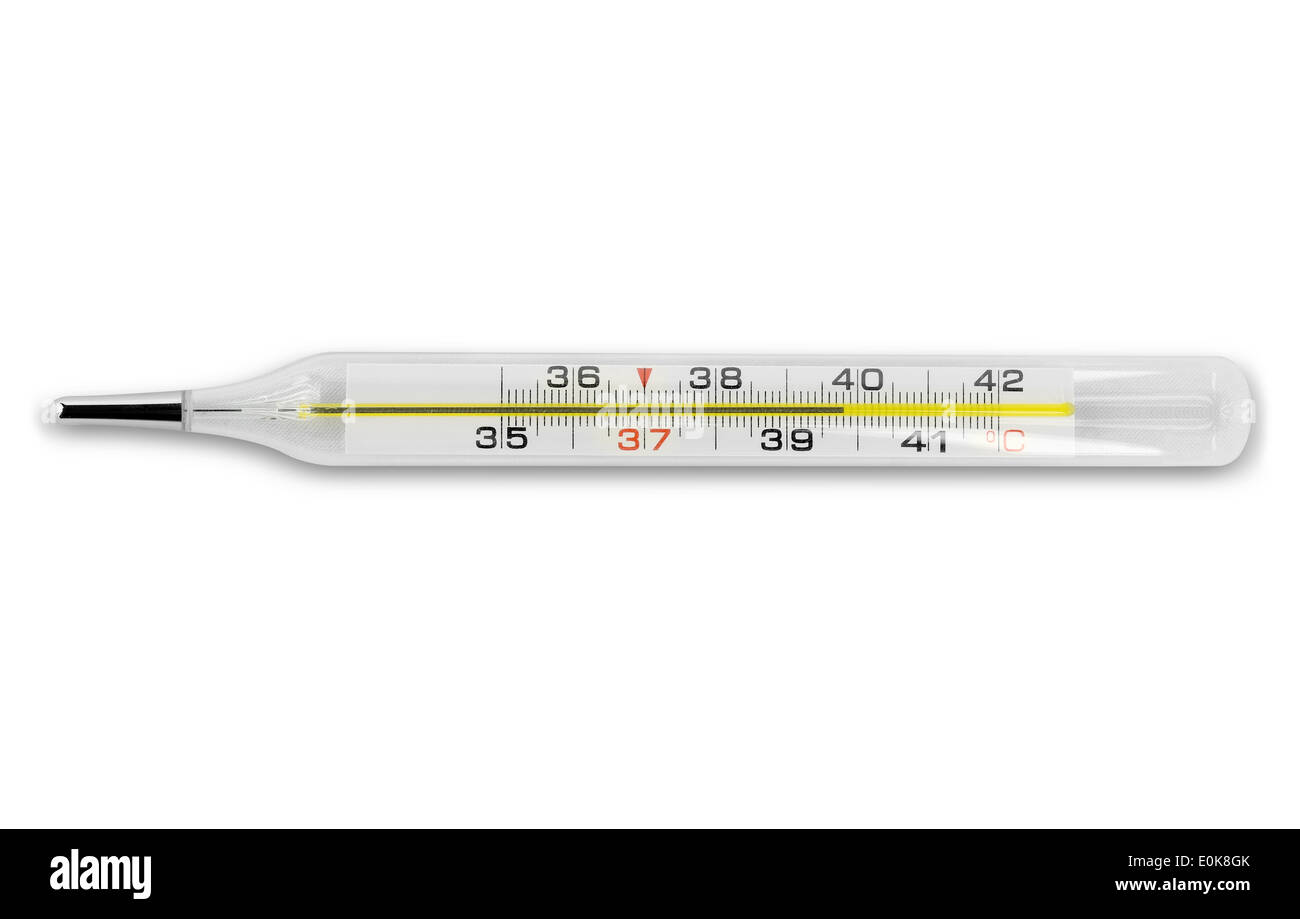 Thermometer zeigt hohe Körpertemperatur Stockfoto