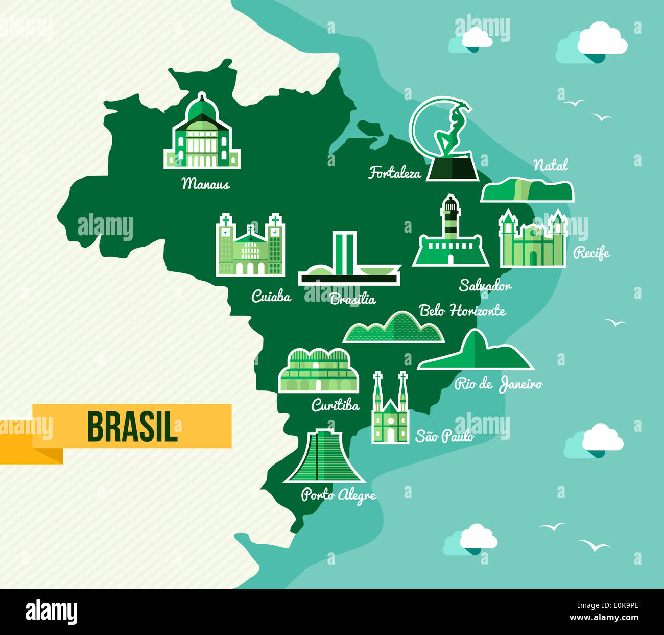 Fussball WM Brasilien Karte mit Wahrzeichen der Städte. EPS10 Vektor organisiert in Schichten für die einfache Bearbeitung. Stockfoto