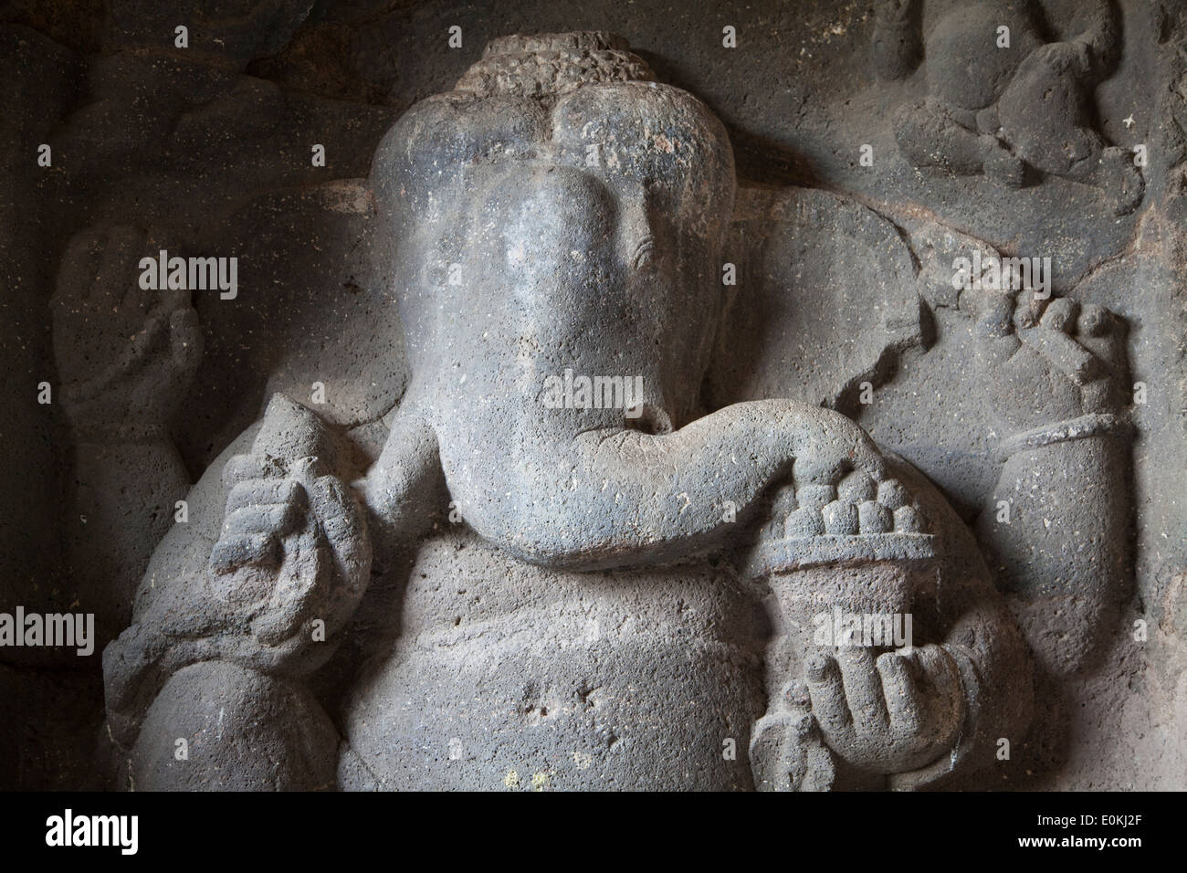 Schnitzen von Ganesh in der Kailasa-Tempel von Ellora, Maharashtra. Stockfoto