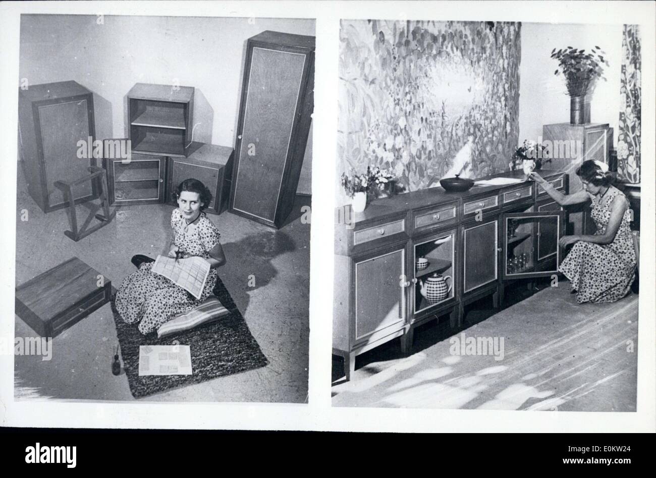 8. Januar 1950 - sind auf der linken Seite die acht Stücke von einer neuen Form der Möbel, die zusammengebaut und zusammengesetzt werden kann. Auf der rechten Seite ist das fertige Stück. Stockfoto