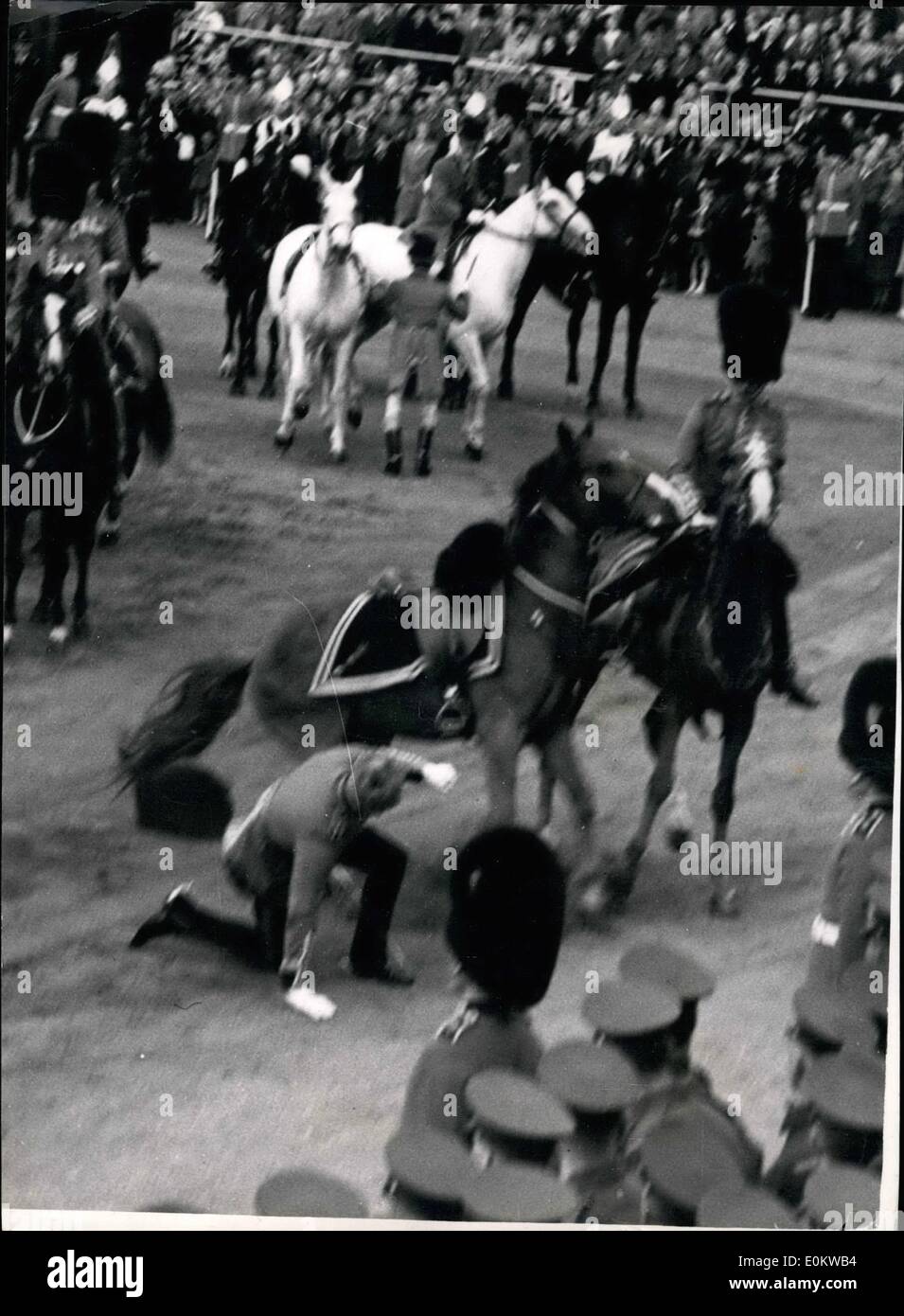 5. Mai 1950 - Oberst geworfen an Trooping die Farbe Probe: Tausende von Londonern beobachten der ersten Full-Kleid-Probe der trooping der Farbtons auf der Horse Guards Parade heute, sah einen Oberst von seinem Pferd geworfen. Die Zeremonie, die bunteste Veranstaltung dieser Pfingsten zog eine große Menschenmenge. das Foto zeigt. Der Oberst, die bei der heutigen Preisverleihung abgewählt wurde. Stockfoto