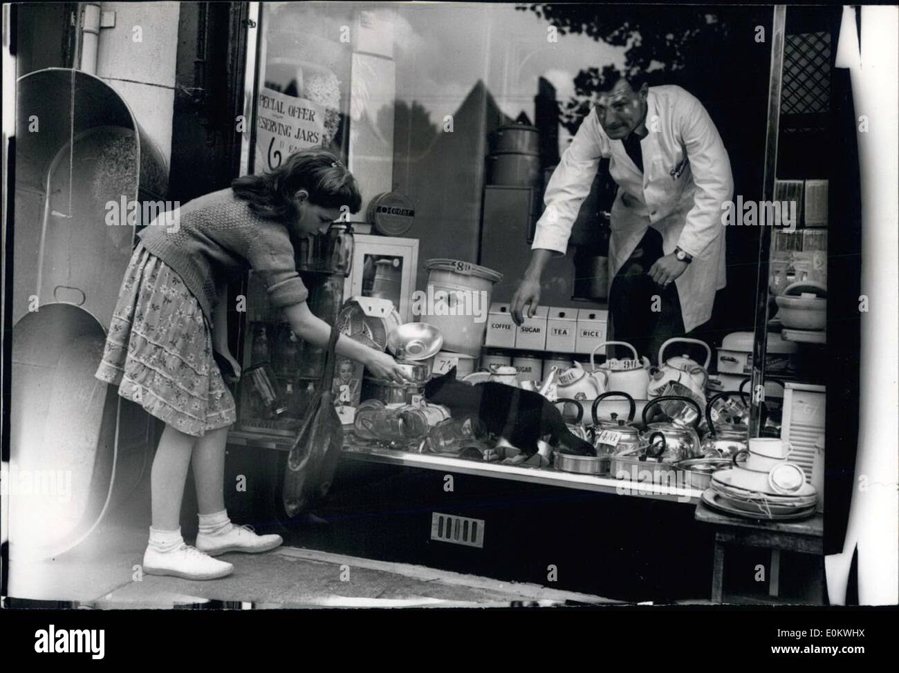 7. Juli 1950 - '' fliegende Untertassen ''... Zwei Katzen sehen 'Rot' In A China Shop: eine große schwarze Katze trat ein Hardware-Schiff Kingland Road, Shoreditch heute und nach einem Staubbehälter mit der Shop-Katze eine Herrschaft des Terrors im Schaufenster begann. Kausalitäten enthalten viele Tassen und Untertassen, Teller und Gläser. Der Eindringling ging ein durch die offene Tür des Shop- und traf "Tabby" Wohn Katze- und die Kämpfer begann, ging herum und herum Shop Katzen - Streuung alles, was in den Weg kam Stockfoto