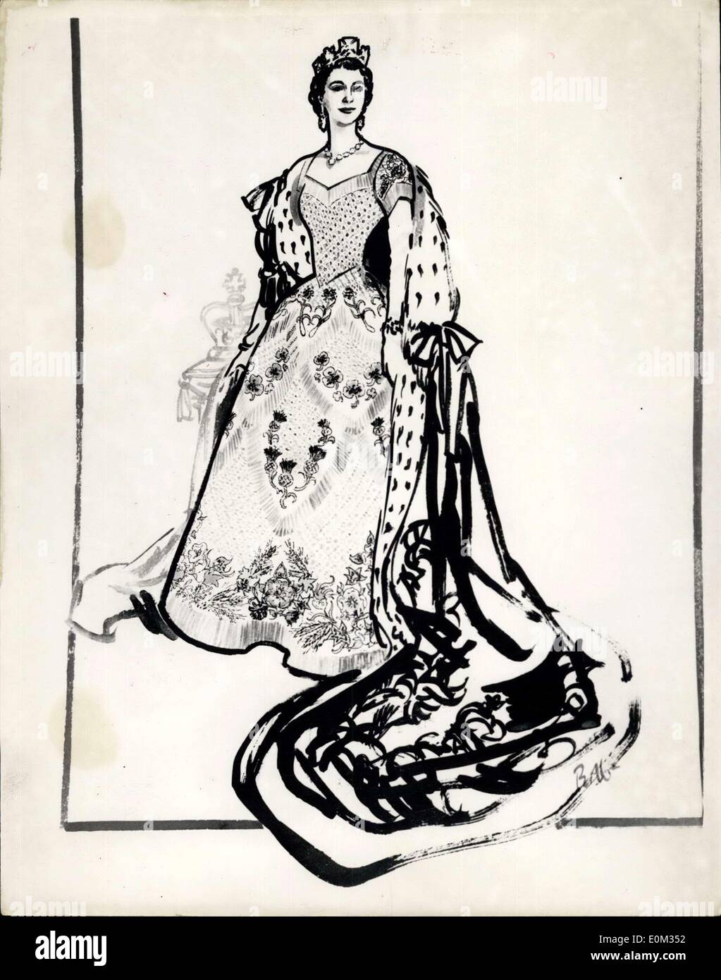 1. Juni 1953 - Skizzen für die Königskrönung Kleider... Schwarz-Weiß-Zeichnung der Königin Kleid: Skizzen der Kleider - Schuhe etc... Das sind von HM The Queen, Prinzessin Margaret, Königin-Mutter etc. getragen werden... waren heute zu sehen. Foto zeigt: Eine schwarz-weiß Zeichnung des Kleides Hartnell heißt von HM The Queen umfasst auch die Krönungsrobe getragen werden. Stockfoto