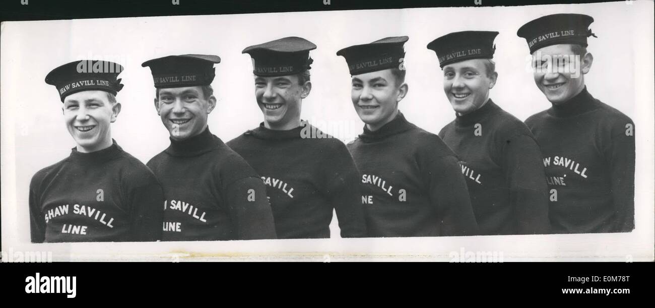 11. November 1953 - Boys als Teil der Crew der Liner Gotik. Keystone Fotoshows: sechs 16 Jahre alten jungen Segler aus zwei Schulen, wird Teil der Besatzung der Liner Gothic bilden, wenn sie die Königin auf ihrem Commonwealth-Tour trägt. Die jungen, auf der Zwischenlage bei King George V Dock heute zu sehen sind: (L, R): James Ewing, der Port Glasgow; John Holness, von Ramsgate; Arnold Herscott, Barnet, Herts; Lionel Gray, von Dover; Rodney Sadler, Hythe, Kent und John Wells, von Alton, Hants. Stockfoto