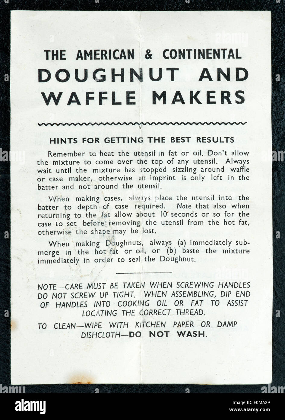 Vintage Donut und Waffle Maker-Merkblatt Stockfoto